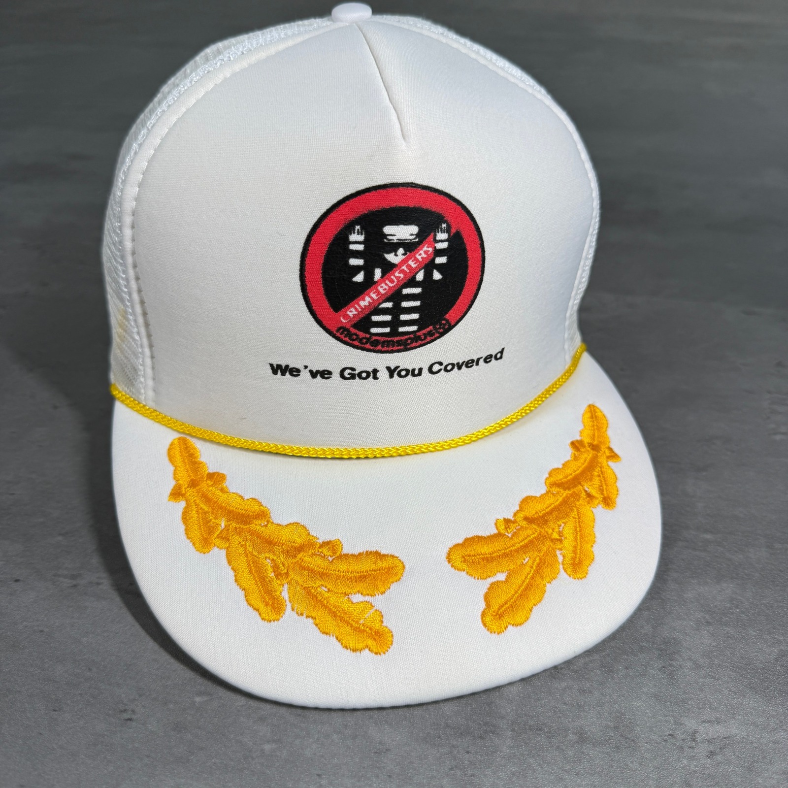 Vintage Nissin Snapback Trucker Hat Mens White Crimebusters Scrambled Eggs Mesh